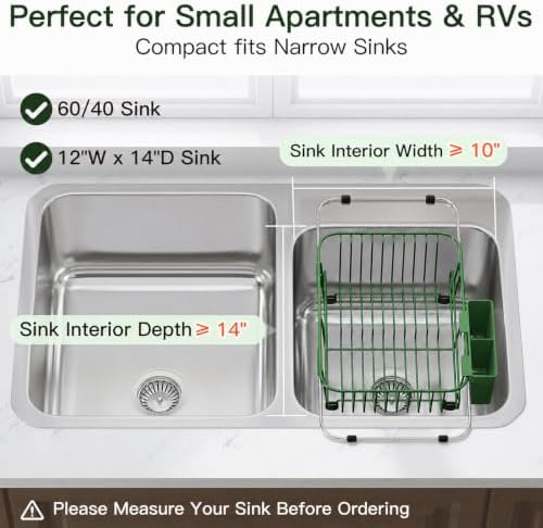 JASIWAY Green Dish Drying Rack in Sink with Utensil Holder, RV, Apartment - Image 3