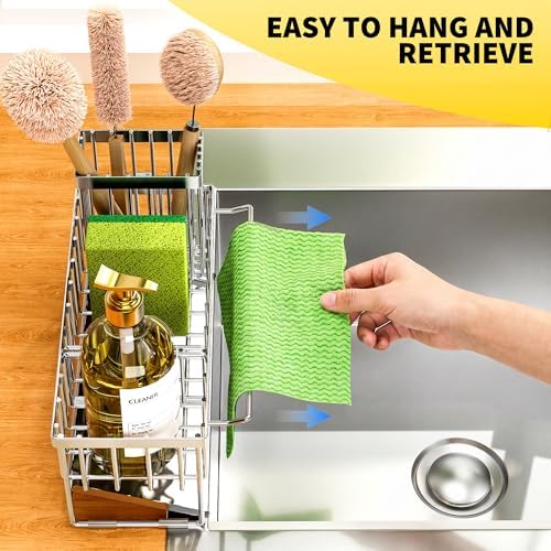 Cisily Kitchen Sink Caddy Organzier with High Brush Holder, Sponge Holder for Sink, 304 Rustproof Stainless, Kitchen Countertop Soap Dispenser Organizer (Silver With Towel Rack, 9.25″) - Image 3