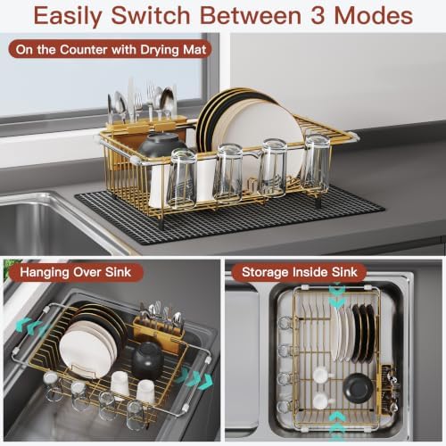 JASIWAY Gold Dish Drying Rack in Sink with Mat, Cups and Utensil Holder - Image 2