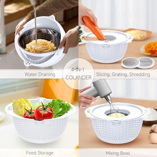 4-1 Strainer with Bowl Set - Rotatable Colander for Kitchen(Patented) - Strainers and Colanders - Pasta Strainer with New Upgraded Graters for Fruit Veggie Fun Kitchen Presents - White - Image 2