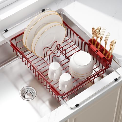 JASIWAY Red Dish Drying Rack Over the Sink with Utensil Holder by JASIWAY
