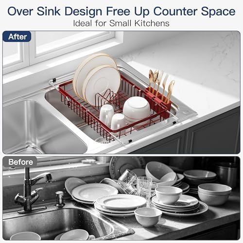 JASIWAY Red Dish Drying Rack Over the Sink with Utensil Holder - Image 2