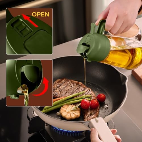 YARRAMATE Olive Oil Dispenser, 2 in 1 Oil Sprayer for Cooking, 17oz/500ml Glass Oil Spray Bottle with Pourer, Food-grade Oil Dispenser and Oil Sprayer for Kitchen, Salad, Frying (25_4pcs greenset) - Image 5