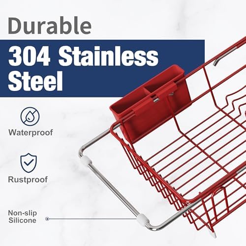 JASIWAY Red Dish Drying Rack in Sink with Drainboard and Utensil Holder - Image 6