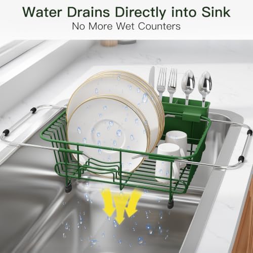 JASIWAY Green Dish Drying Rack in Sink with Utensil Holder, RV, Apartment - Image 6