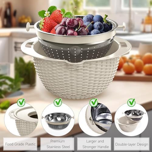 4-1 Colander with Bowl & Spoons Set - Rotatable Colander for kitchen with New Upgraded Graters, Food Strainer(Patented) for Pasta, Fruits, Vegetables, Funny Presents for Women, Beige - Image 6