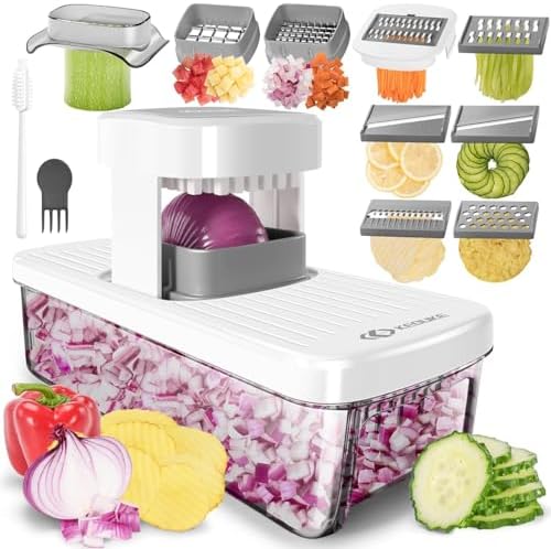KEOUKE 8-in-1 Vertical Vegetable Chopper Mandoline Slicer with Container White - Safe Tap Out Dicer with Hand Guard for Kitchen Easy Food Prep, Onion Potato Veggie Fruit by KEOUKE