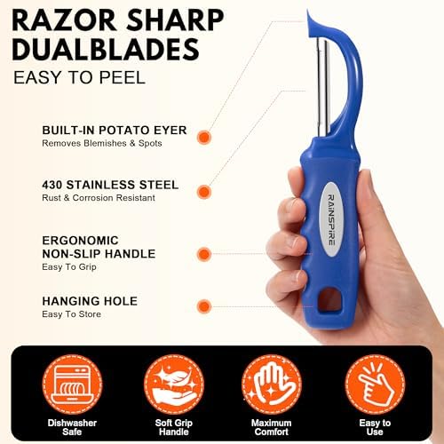 Rainspire Vegetable Peeler Potato Peelers for Kitchen, Sharp Stainless Steel Blades Veggie, Comfortable Handle Fruit Peeler, Carrot Peeler Apple Peeler Dishwasher Safe, Dark Blue, 1-Pack - Image 6