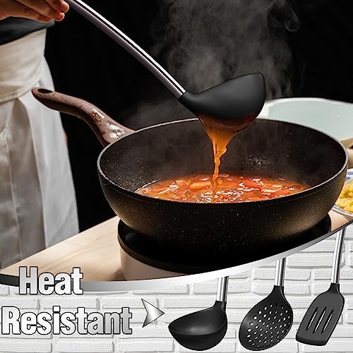 Umite Chef Thickened Kitchen Utensils Set- Silicone Cooking Utensils Set for Nonstick Cookware-Silicone Spatulas Set, Heavy Duty Stainless Steel Handle-Black Kitchen Gadgets Tools Set - Image 6