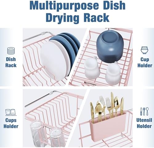 JASIWAY Pink Dish Drying Rack in Sink with Drainboard and Utensil Holder - Image 7