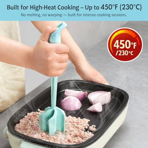 Ourokhome Meat Chopper and Potato Masher, Heat Resistant Nylon Ground Beef Smasher for Hamburger, 5 Curved Blades Nonstick Safe Mixer & Stirrer, Practical Kitchen Gadgets, Mint - Image 3