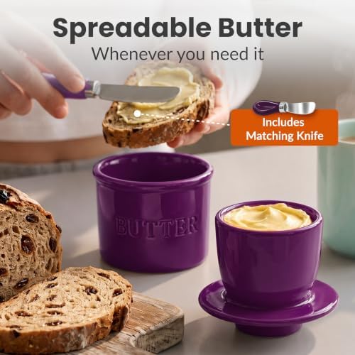 Priority Chef Butter Crock with Lid for Countertop with Spreader Knife and Water Line, Soft Spreadable Butter, Ceramic French Butter Dish with Lid, Purple - Image 2