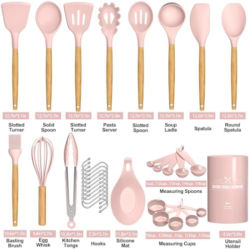 Umite Chef Silicone Kitchen Utensils Set, 33 Piece Non-Stick Kitchen Utensils with Stand, Wooden Handle, Pink - Image 3