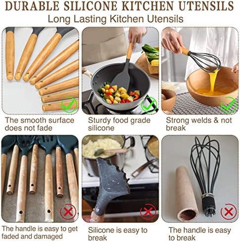 Umite Chef Kitchen Cooking Utensils Set, 33 pcs Non-stick Silicone Spatula Set with Holder, Woodle Handle Heat Resistant Gadgets Utensil (Gray) - Image 4
