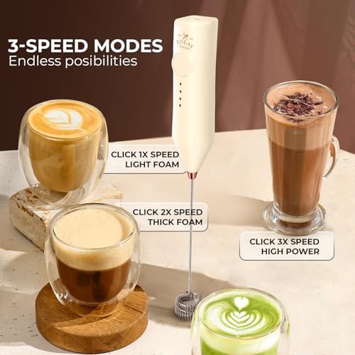Zulay Kitchen Rechargeable Milk Frother Handheld - Frother Wand, Drink Mixer, Electric Whisk Frother, for Cappuccinos, Matcha & Protein Powder - Dynamic 3 Whisk, 3 Speed 500mAh Cream Gold - Image 4