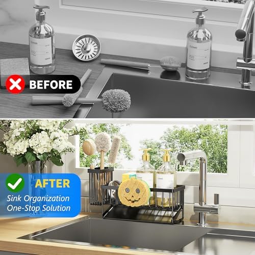 Cisily Kitchen Sink Caddy Organzier with High Brush Holder, Sponge Holder for Sink, 304 Rustproof Stainless, Kitchen Countertop Soap Dispenser Organizer (Black With Smiley Face Holder, 9.25″) - Image 6