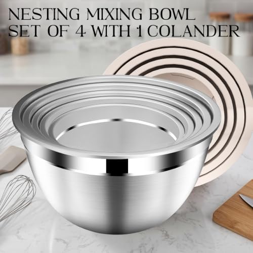 DUTZUN Stainles Steel Mixing Bowls with Lids Set, Stackable Metal Mixing & Serving Bowl with Strainer, 5-Piece - Beige - Image 4