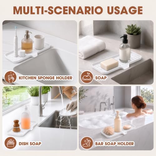 CAKETIME 2 Pack Silicone Soap Dish with Drain Spout for Bathroom Shower Caddy Kitchen Counter Sponge Holder Saver Tray Sink Drying Accessories Office Generic Items Jabonera Women Gifts White Large - Image 6