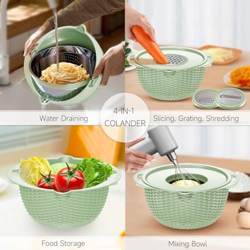4-1 Strainer with Bowl & Spoons Set - Strainers and Colanders - Colanders for kitchen(Patented) - Pasta Strainer with Upgraded Graters & Spoons for Fruit Veggie Kitchen Essentials, Green - Image 2