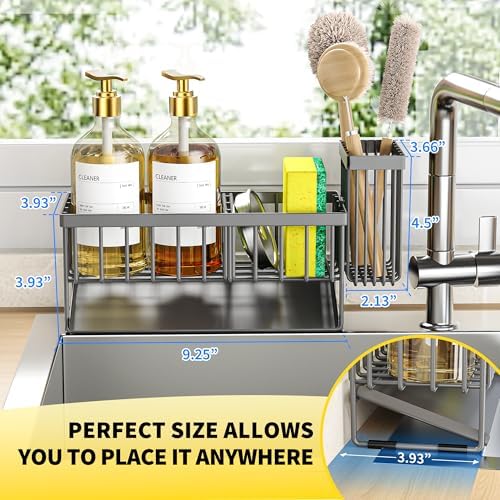 Cisily Sink Caddy Organzier with High Brush Holder, Sponge Holder for Sink, 304 Rustproof Stainless, Kitchen Countertop Soap Dispenser Organizer, Dark Gray Kitchen Decor and Accessories - Image 2