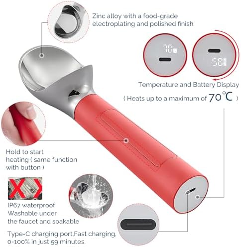 Heated Ice Cream Scoop Rechargeable, Electric Warming Ice Cream Scooper with LED Display, Heats to 158°F for Hard Ice Cream, IP67 Waterproof (Red, 2 oz) - Image 3