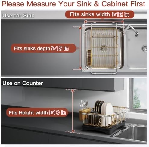 JASIWAY Gold Dish Drying Rack in Sink with Drainboard and Utensil Holder - Image 3