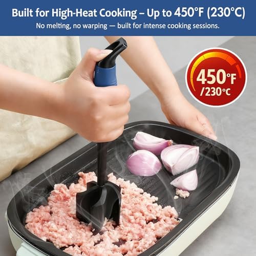 Ourokhome Meat Chopper and Potato Masher, Heat Resistant Nylon Ground Beef Smasher for Hamburger, 5 Curved Blades Nonstick Safe Mixer & Stirrer, Practical Kitchen Gadgets, Navy. - Image 3