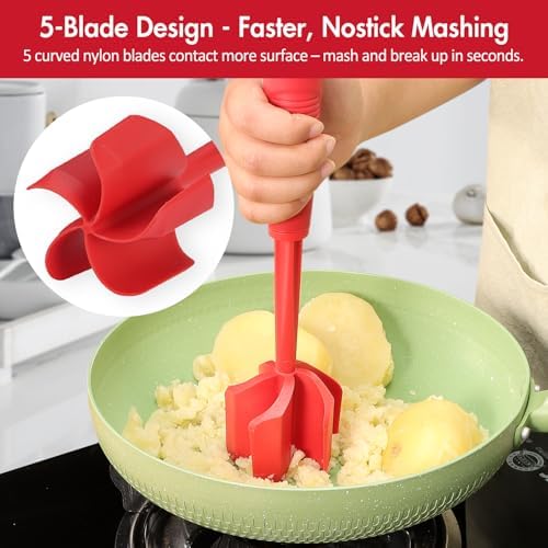 Ourokhome Meat Chopper and Potato Masher, Heat Resistant Nylon Ground Beef Smasher for Hamburger, 5 Curved Blades Nonstick Safe Mixer & Stirrer, Practical Kitchen Gadgets, Red - Image 4
