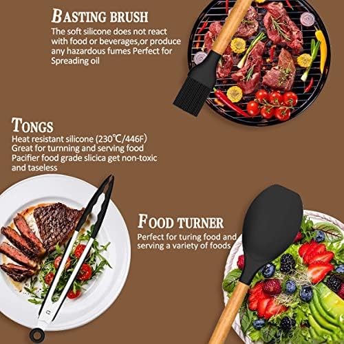 Umite Chef Kitchen Cooking Utensils Set, 33 pcs Non-Stick Silicone Cooking Kitchen Spatula Set with Holder, Wooden Handle Silicone Kitchen Gadgets Utensil Set (Black) - Image 5