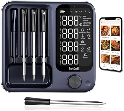 Wireless Meat Thermometer Digital with 4 Probes & IP67 Waterproof，2 Sensors in 1 Probe, WiFi Unlimited Range Real Time Monitoring Smart Meat Thermometer for Cooking, BBQ, Grill, Oven, Smoker by InkGrill