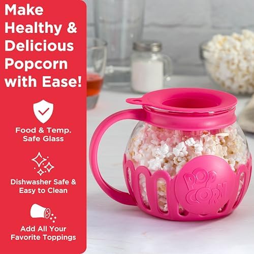 Ecolution Patented Micro-Pop Microwave Popcorn Popper with Temperature Safe Glass, 3-in-1 Lid Measures Kernels and Melts Butter, Made Without BPA, Dishwasher Safe, 1.5-Quart, Pink - Image 2