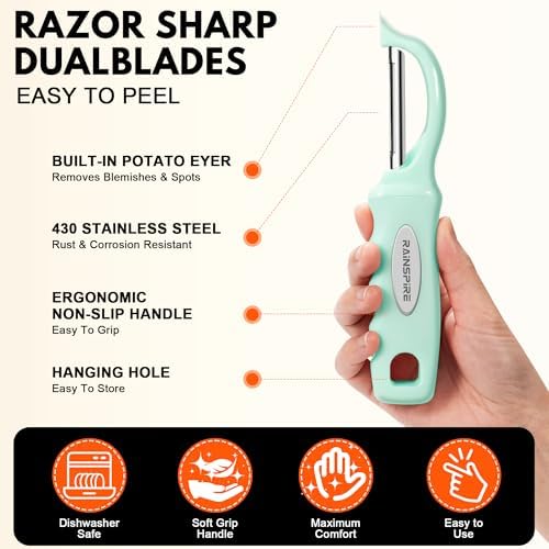 Rainspire Vegetable Peeler Potato Peelers for Kitchen, Sharp Stainless Steel Blades Veggie, Comfortable Handle Fruit Peeler, Carrot Peeler Apple Peeler Dishwasher Safe, Mint Green, 1-Pack - Image 6