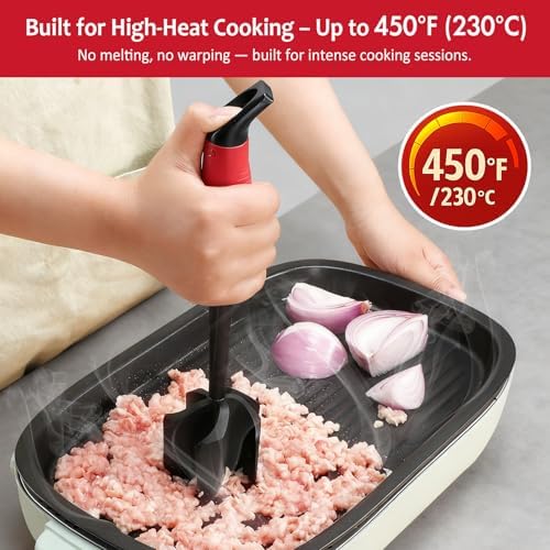 Ourokhome Meat Chopper and Potato Masher, Heat Resistant Nylon Ground Beef Smasher for Hamburger, 5 Curved Blades Nonstick Safe Mixer & Stirrer, Practical Kitchen Gadgets, Black Red - Image 3