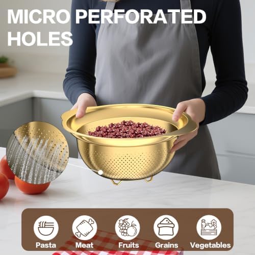 Stainless Steel Strainers for Kitchen, Stainless Steel Colander, Kitchen Strainer for Pasta Fruits Vegetables, 3 Pack Strainers and Colanders(5QT, 3QT, 2QT), Rust-Proof & Dishwasher Safe, Gold - Image 6