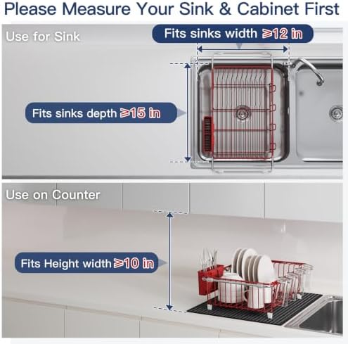 JASIWAY Red Dish Drying Rack in Sink with Mat, Cups and Utensil Holder - Image 5