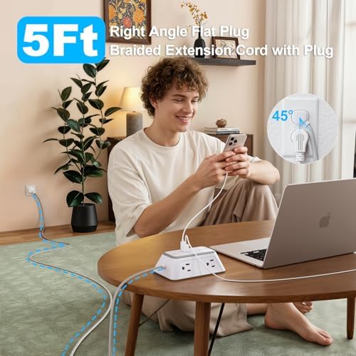 Power Strip Extension Cord - 6 Outlets and 4 USB (2 USB C), 5FT Braided Cord with Ultra Thin Flat Plug, 3 Side Outlet Extender with Overload Protection, Travel, Cruise Ship, Dorm Room Essentials-ETL - Image 5