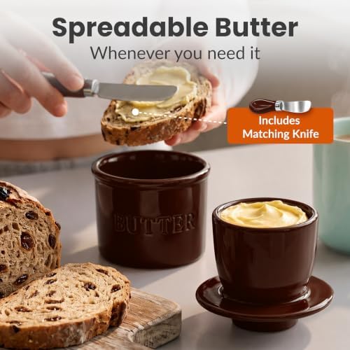 Priority Chef Butter Crock with Lid for Countertop with Spreader Knife and Water Line, Soft Spreadable Butter, Ceramic French Butter Dish with Lid, Chocolate Brown - Image 2
