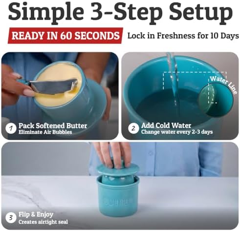 Priority Chef Large Butter Crock with Lid with Water Line, Ceramic French Butter Dish to Leave On Counter, Turquoise - Image 3