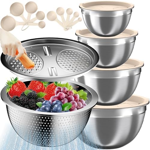 Mixing Bowls with Lids Set, 16PCS Stainless Steel Mixing Bowls,Nesting Storage Bowls for Kitchen with Mixing Bowls Set, Colander, Strainer & Grater , Metal Salad Bowl for Kitchen Gadgets , Cream by AUFETQ