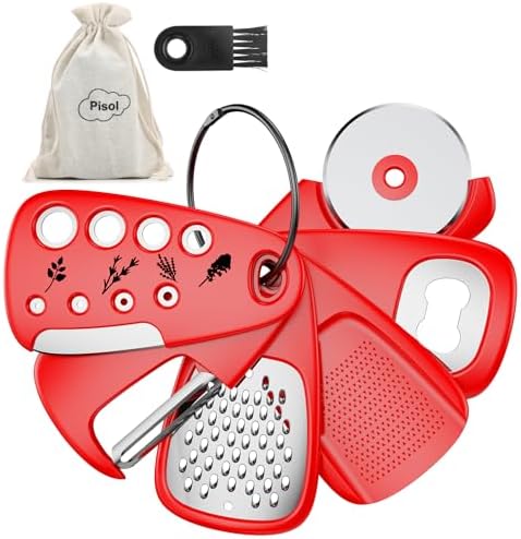 Pisol Kitchen Unique Gadgets Set 6 Pieces, Space Saving, Cheese Grater, Bottle Opener, Fruit Vegetable Peeler, Pizza Cutter, Garlic Ginger Grinder, Herb Stripper Gift Set by Pisol