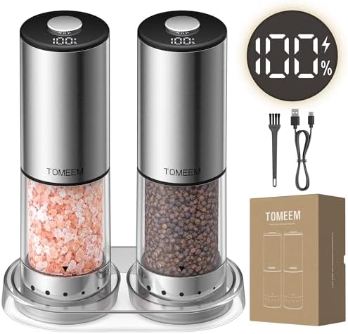 TOMEEM Rechargeable Electric Salt and Pepper Grinder Set, Battery Display by Tomeem