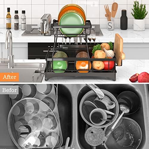 Godboat 2-Tier Dish Drying Rack - Dish Rack with Auto Drain-to-Sink & Mat - Image 3