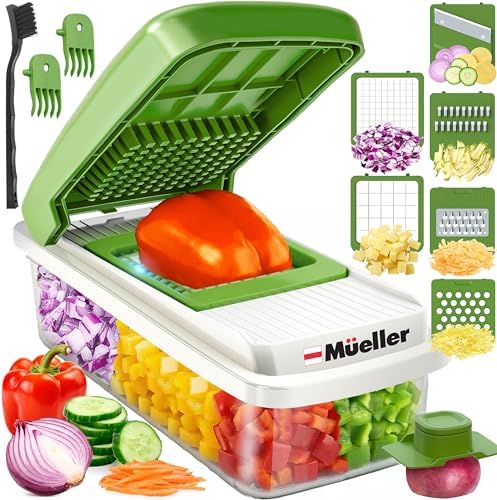 Mueller Vegetable Chopper, Mandoline Slicer, Food Veggie Chopper, Cheese Grater, Onion Vegetable Cutter with Container, Dicer, Kitchen Gadgets & Essentials, White Sand/Green by Mueller
