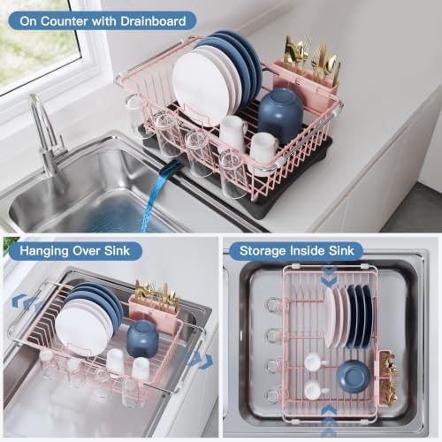 JASIWAY Pink Dish Drying Rack in Sink with Drainboard and Utensil Holder - Image 2