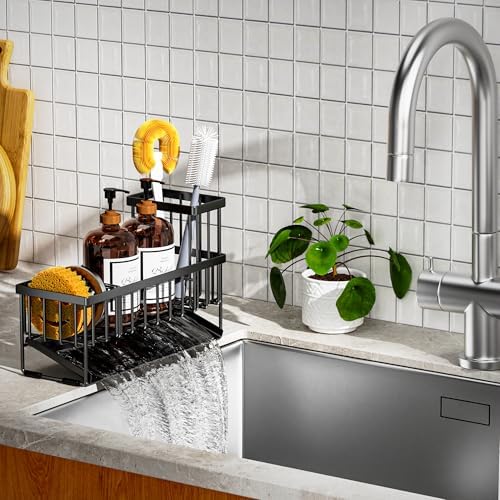 Cisily Extra Large Kitchen Sink Caddy Organzier with High Brush Holder, Sponge Holder for Sink, 304 Rustproof Stainless, Kitchen Countertop Soap Dispenser Organizer For Decor and Accessories - Image 3