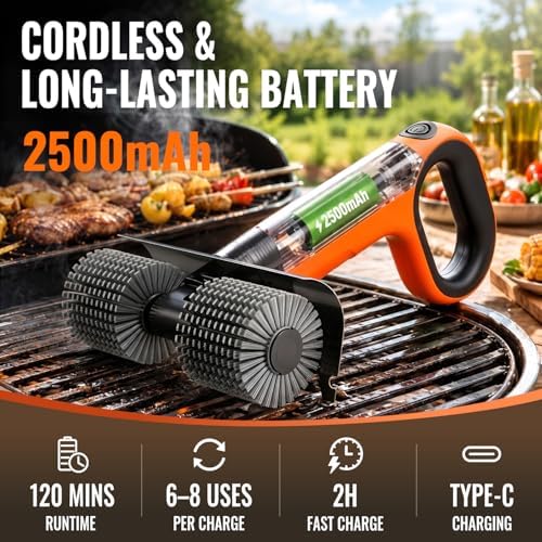 Electric Grill Brush - Dual Rotating Heads Cordless BBQ Grill Cleaner, 450 RPM Motorized Power Grill Cleaning Brush with LED Light, 6-Piece Replaceable Brush Set Safe for Most Outdoor Grill Grates - Image 5