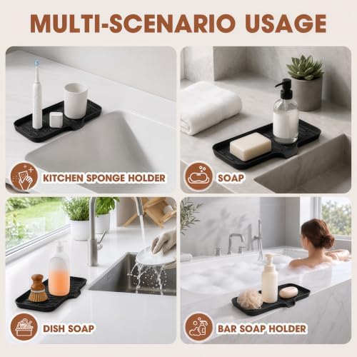 CAKETIME 2 Pack Silicone Soap Dish with Drain Spout for Bathroom Shower Caddy Kitchen Counter Sponge Holder Bar Sink Organizer Gadgets Gears Items Self Draining Jabonera Stuff Black Medium - Image 6
