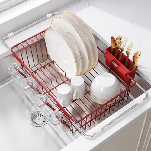 JASIWAY Red Dish Drying Rack in Sink, Dish Drainer with Utensil Holder by JASIWAY
