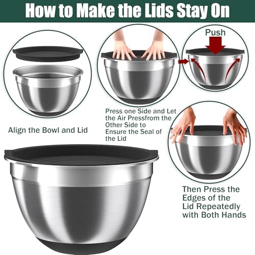 Mixing Bowls with Airtight Lids Set, 4 Stainless Steel Bowls Nesting Bowls & Colander, Kitchen Organizers and Storage Non-Slip Bottom, Size 1.5/2.0/2.5/4.5QT, Great for Mixing & Serving, Black - Image 6