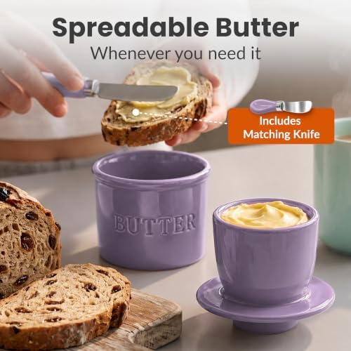 Priority Chef Butter Crock with Lid for Countertop with Spreader Knife and Water Line, Soft Spreadable Butter, Ceramic French Butter Dish with Lid, Lilac - Image 2